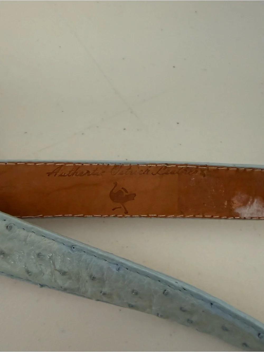 El General Belt Company Blue Genuine Ostrich Leather Gold Medusa Hardware Belt